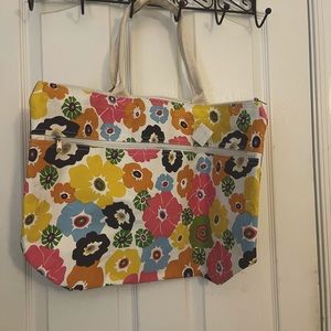 Floral zip top tote with exterior zip pocket